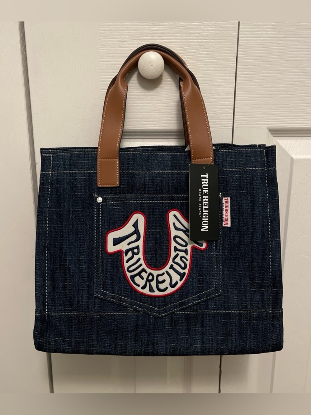 True Religion Navy Denim Tote with Brown Handles and Red Trim